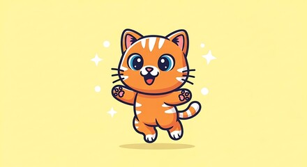 Cartoon cat smiling and jumping against a yellow background for fun