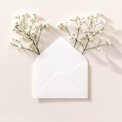 A white envelope is open with delicate white baby's breath flowers emerging from it. The composition is minimalist with soft shadows and a neutral background.