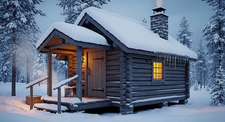 Fototapeta premium Cozy Cabin in Snowy Forest A Winter Retreat Amidst Serene White Landscape with a Lit Window