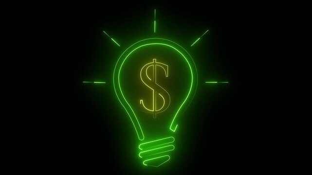 Glowing neon money idea light bulb animation with glowing lines on black background