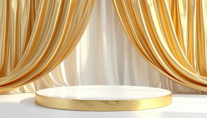 An elegant stage with golden curtains and a marble platform, showcasing luxury and sophistication. The stage evokes a sense of anticipation and prestige.