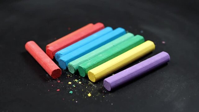 Vibrant colored chalk sticks are neatly arranged in a rainbow pattern on a dark background.