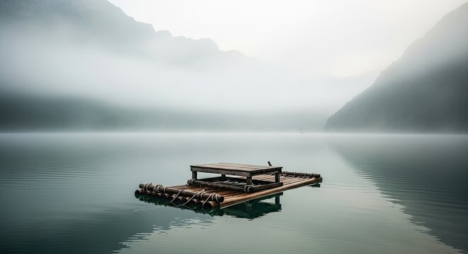Escape to serene stillness on a tranquil lake with a rustic raft, perfect for meditation or quiet reflection amidst the misty mountains and peaceful waters