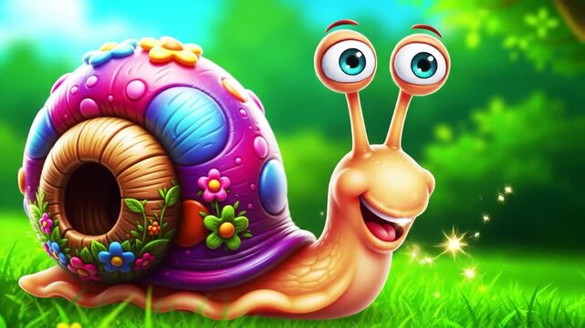 Cartoon mollusk with brightly decorated shell moving across vibrant green grass