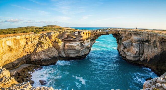 Discover stunning coastal views at this natural sea arch, perfect for travel bloggers or adventurous couples seeking breathtaking scenery and unique destinations