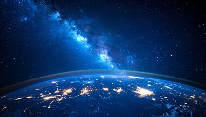 Obraz premium Stunning view of Earth from space with city lights and the Milky Way galaxy visible above.