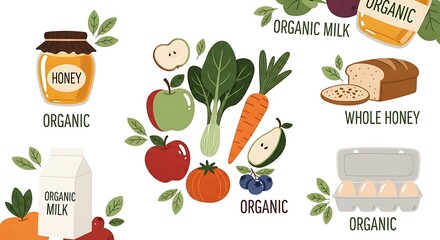 Fresh organic food illustration assortment apple tomato milk honey carrot bread
