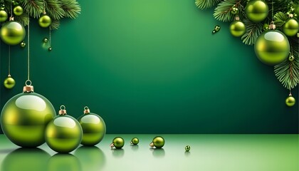 Fototapeta premium Festive Green Christmas Ornaments and Pine Needles Adorn a Shiny Surface, Creating a Beautiful Holiday Background