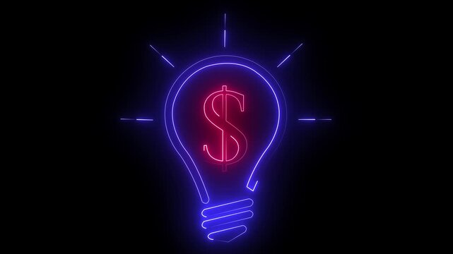 Glowing neon money idea light bulb animation with glowing lines on black background