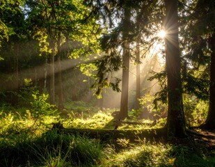 Obraz premium Sunlight filtering through a lush green forest creating a magical and serene atmosphere.