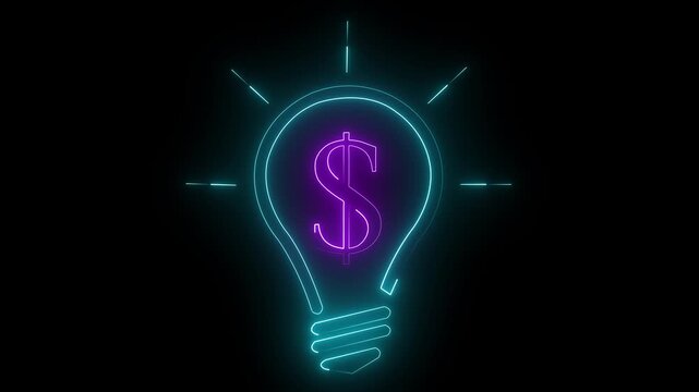 Glowing neon money idea light bulb animation with glowing lines on black background