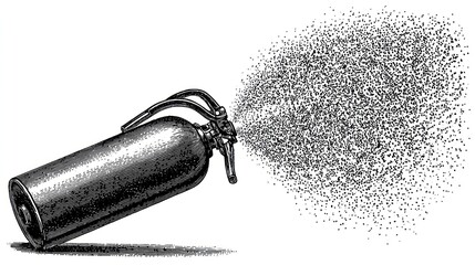 A black and white illustration of a fire extinguisher spraying out its contents