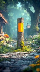 A weathered wooden post with a bright orange marker stands on a stone path in a lush, green forest. The scene is bathed in soft, misty morning light, creating a