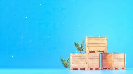 A still life composition featuring several wooden crates stacked on wooden pallets, adorned with sprigs of greenery. The background is a vibrant, bright blue wi