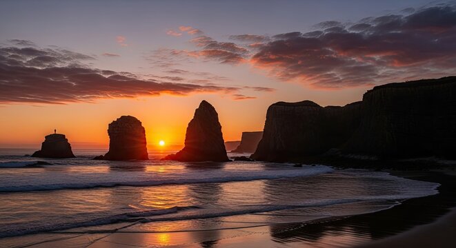 Stunning sunset over Bandon Beach Oregon with vibrant colors and dramatic sea stacks offering serene coastal vibes for travel and landscape inspiration