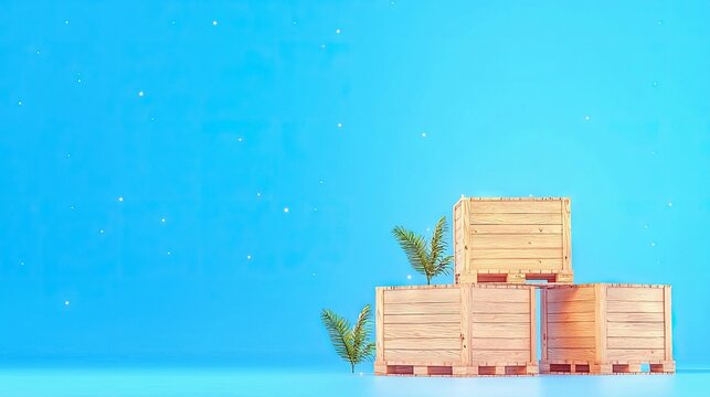 A still life composition featuring several wooden crates stacked on wooden pallets, adorned with sprigs of greenery. The background is a vibrant, bright blue wi