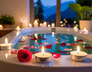 A romantic and relaxing spa bath filled with rose petals and surrounded by glowing candles at twilight.