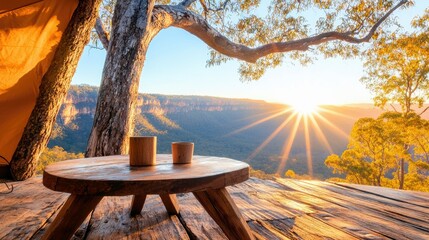 A rustic wooden table with two cups sits on a wooden deck, overlooking a vast canyon bathed in the warm glow of sunrise. A camping tent and trees frame the scen