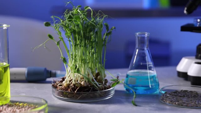 GMO concept. Microscope, product samples and liquids on table in laboratory