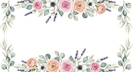 Watercolor floral border featuring roses and greenery elements for design