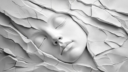 A close-up, abstract sculpture of a woman's face with closed eyes, appearing to emerge from or be encased by cracked, white stone-like material. The lighting is