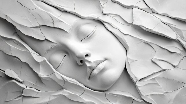A close-up, abstract sculpture of a woman's face with closed eyes, appearing to emerge from or be encased by cracked, white stone-like material. The lighting is