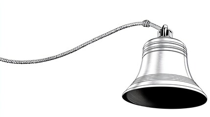 A gleaming silver bell hangs suspended by a rope, detailed rendering with precise shading