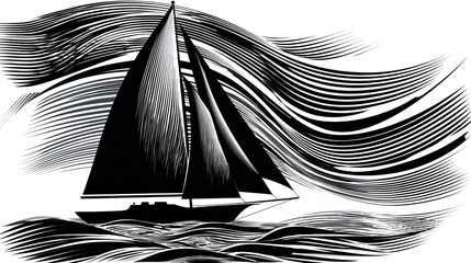 A monochrome illustration showing a sailboat on choppy water with stylized wind effects