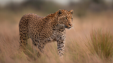 African leopard stalking in the tall, dry grass of the savannah, camouflaged in its natural habitat