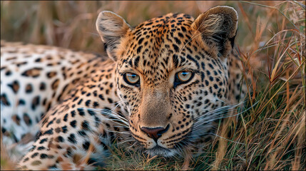 Close-up of an African leopard lying in the tall, dry grass of its natural habitat, warm light