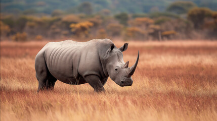 Majestic adult white rhinoceros roaming the vast dry grassland savanna at sunset. Generative AI