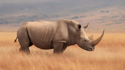 Majestic adult white rhinoceros roaming the vast dry grassland savanna. Generative AI