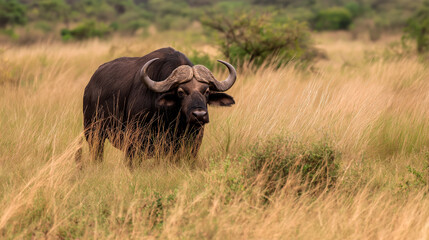 African buffalo in the savannah, Cape buffalo, stands out in a field of tall, dry grass. Generative AI