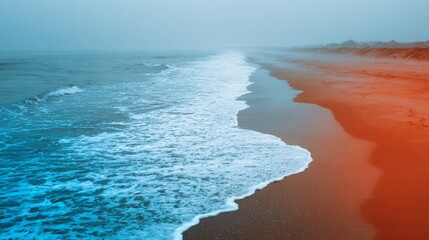 Coastal Symphony: A captivating ocean scene with the meeting of cold and warm. The shoreline, with the gentle sea meeting the shore, evokes a sense of both tranquility and the wildness of nature.