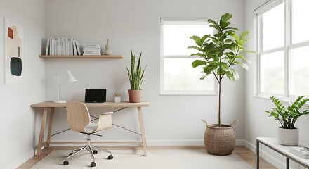 Modern home office interior with desk chair and plants for workspace