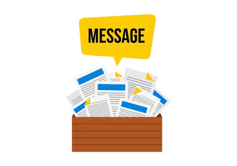 Overflowing box with important messages and documents representing information overload.