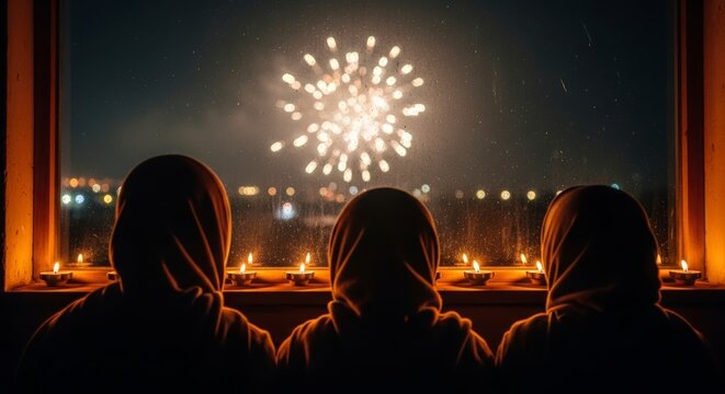 Silhouetted figures watching a dazzling fireworks display from a cozy window adorned with glowing