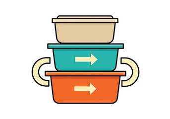 Stackable food containers with handles and arrows for easy storage and transport of meals.