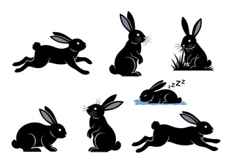 Black Rabbit Silhouettes in Various Poses on White Background.