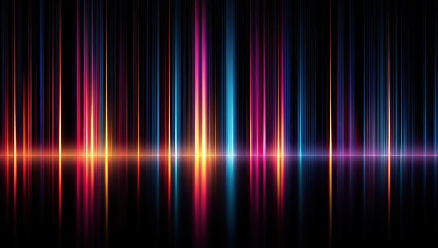 abstract background with neon glowing lines on a black backdrop glowing light streaks and colorful vertical trails of blue, pink, red, and violet colors in the dark space Generative AI