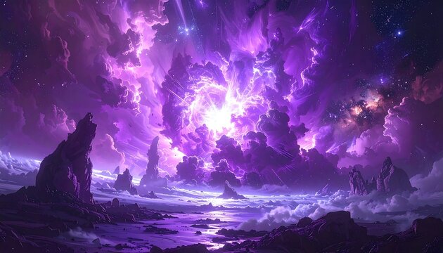 A vibrant cosmic landscape with majestic purple clouds illuminating a radiant core, set above a mysterious terrain