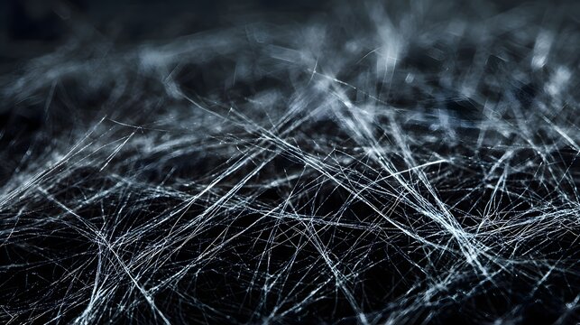 Close-up of delicate spider web threads against a dark backdrop, ideal for spooky Halloween designs, abstract texture backgrounds, nature art, and creative visuals.