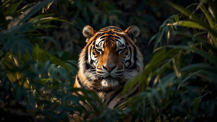 Peaceful professional wildlife portrait of a Bengal tiger framed by dense green jungle leaves