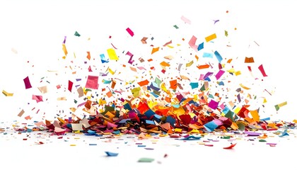 A vibrant explosion of colorful confetti scattered across a bright white background
