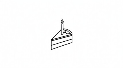 Obraz premium Black and white illustration of a single slice of cake with a lit candle on top