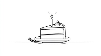 Line-art depiction of a cake slice on a plate with lit candle, simple and celebratory