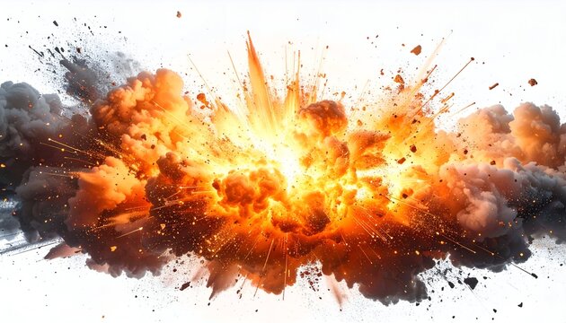 A vibrant, dynamic explosion erupts in a burst of fiery orange and grey against white