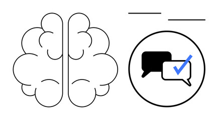 Brain sketch and speech bubbles in a circle with a validation checkmark. Ideal for communication, problem-solving, decision-making, brainstorming, mental health, teamwork, education. Simple flat