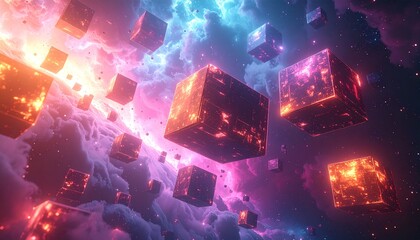 Floating Digital Cubes in Cosmic Cloudscape with Neon Glow