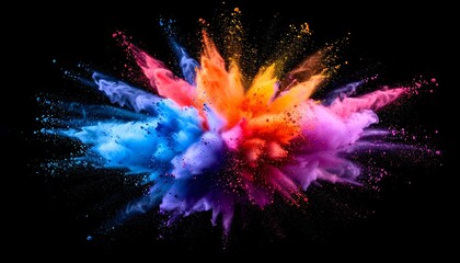 A vibrant, exploding cloud of colorful powder against a stark black background